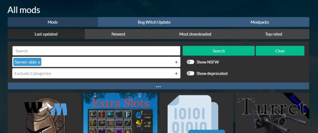 Фильтр Server-side в расширенном поиске модов Thunderstore
