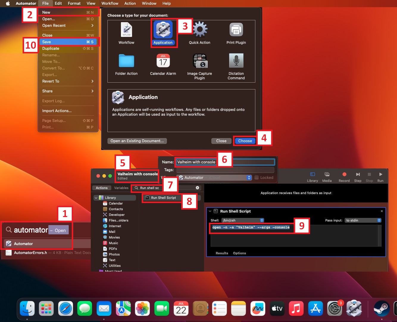 Пример настройки приложения в Automator для запуска Valheim