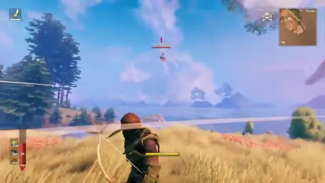 Игрок целится из лука в летящего Deathsquito над равниной.