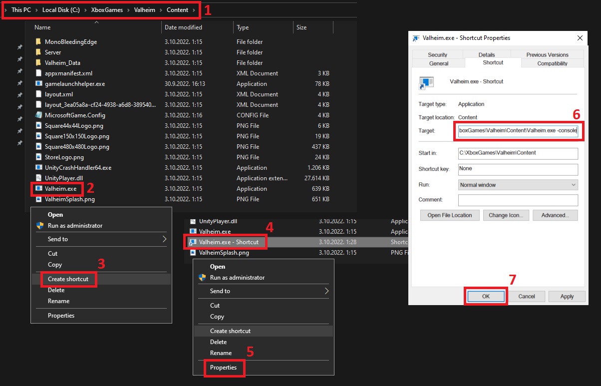 Свойства ярлыка Valheim в Windows с добавленным параметром -console