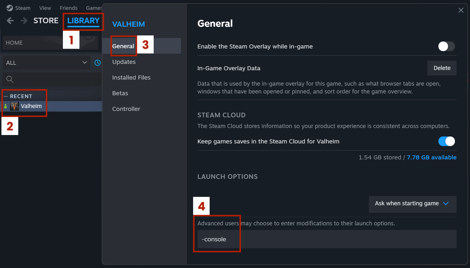 Параметры запуска Valheim в свойствах Steam с введённым -console