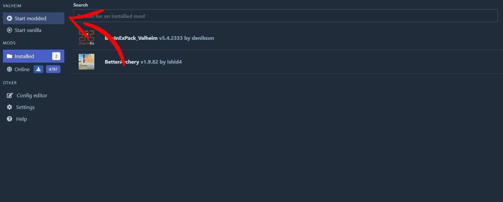 Команда Start modded в менеджере модов Valheim