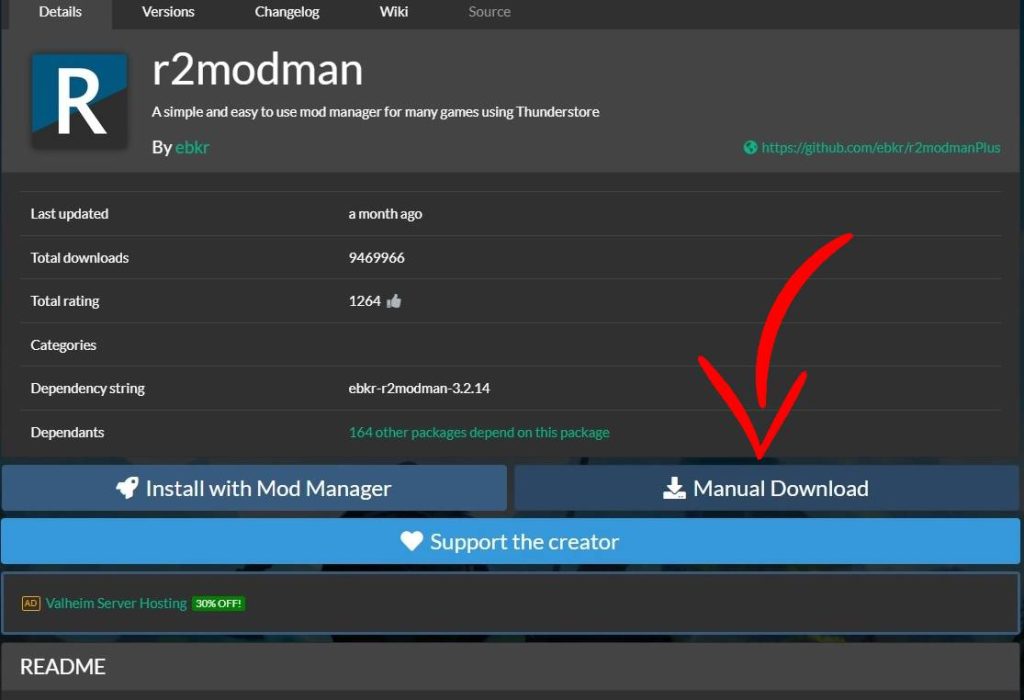 Страница r2modman с кнопкой Manual Download