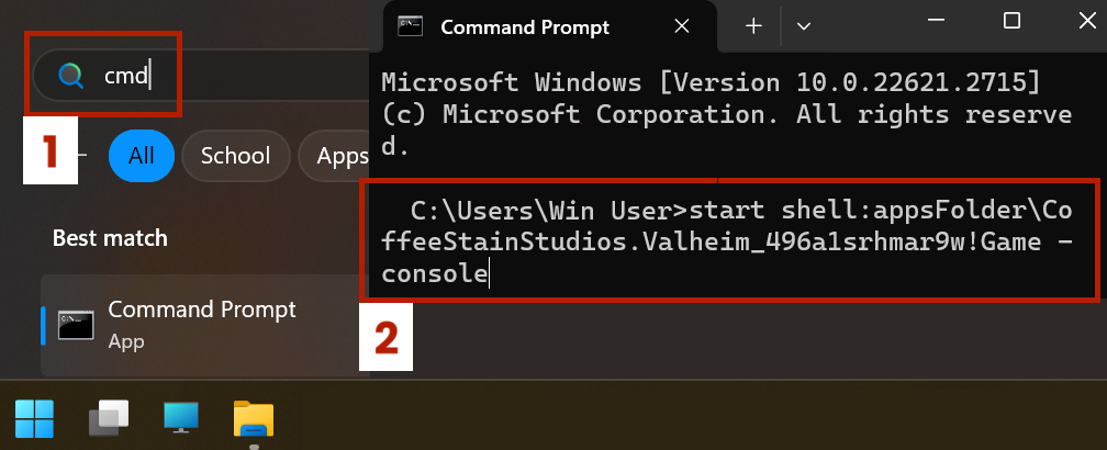 Командная строка Windows с командой запуска Valheim через appsFolder