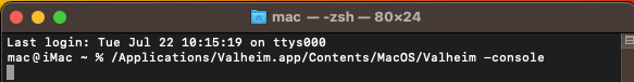 Terminal на macOS с командой запуска Valheim и параметром -console