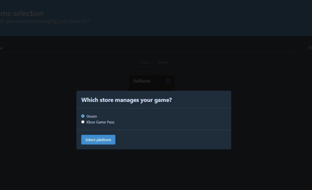 Диалог выбора платформы Steam в менеджере модов